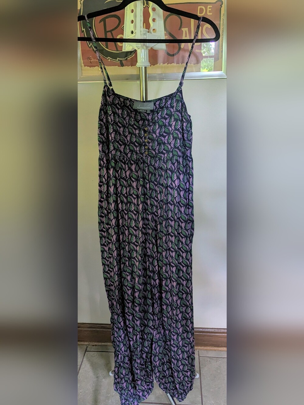 Anthropologie Vega Lounge Jumpsuit Pink Green Palm Leaf Print Size XS Roomy $35